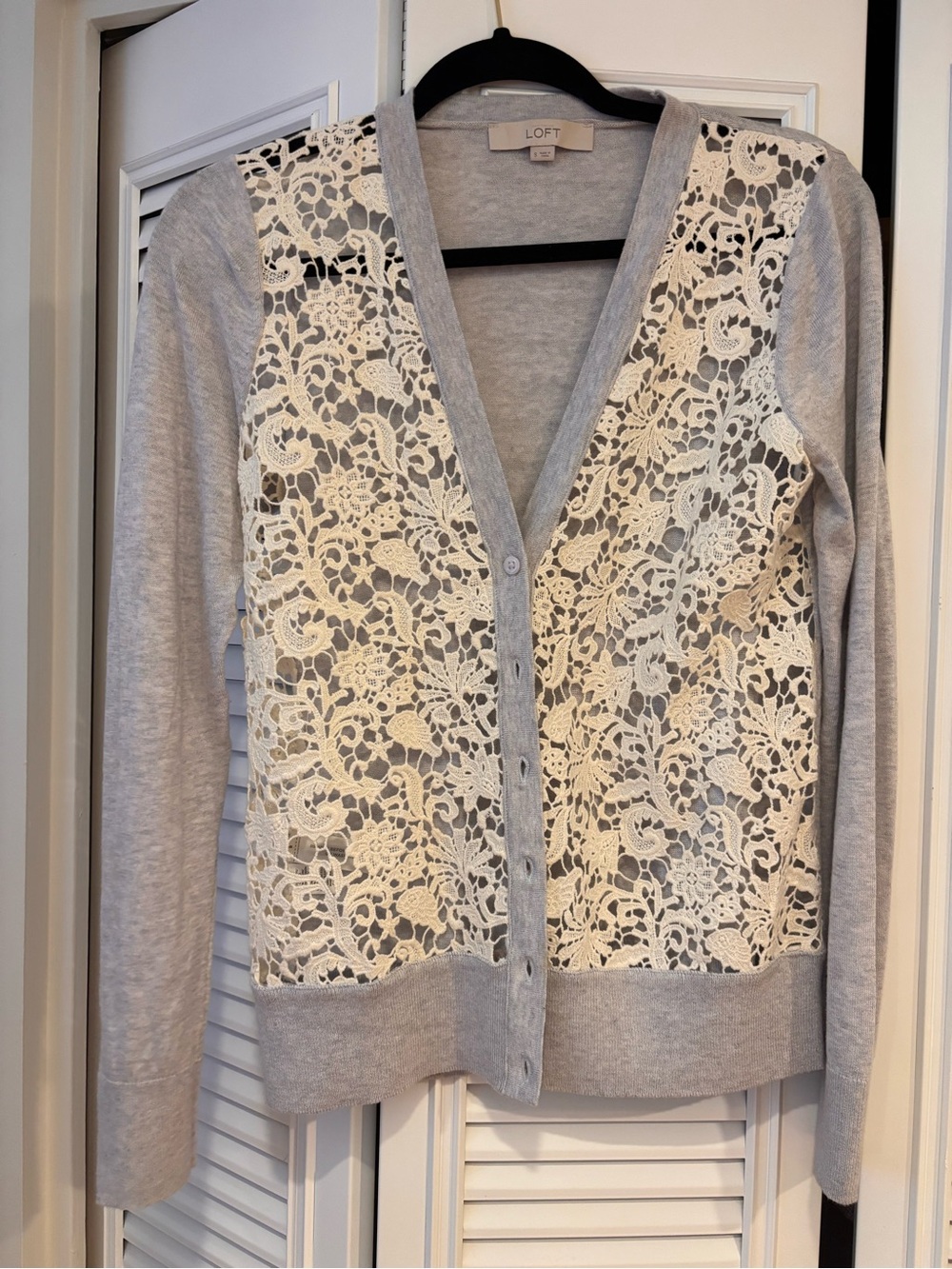 LOFT Gray Cardigan with Cream Lace Front Panel